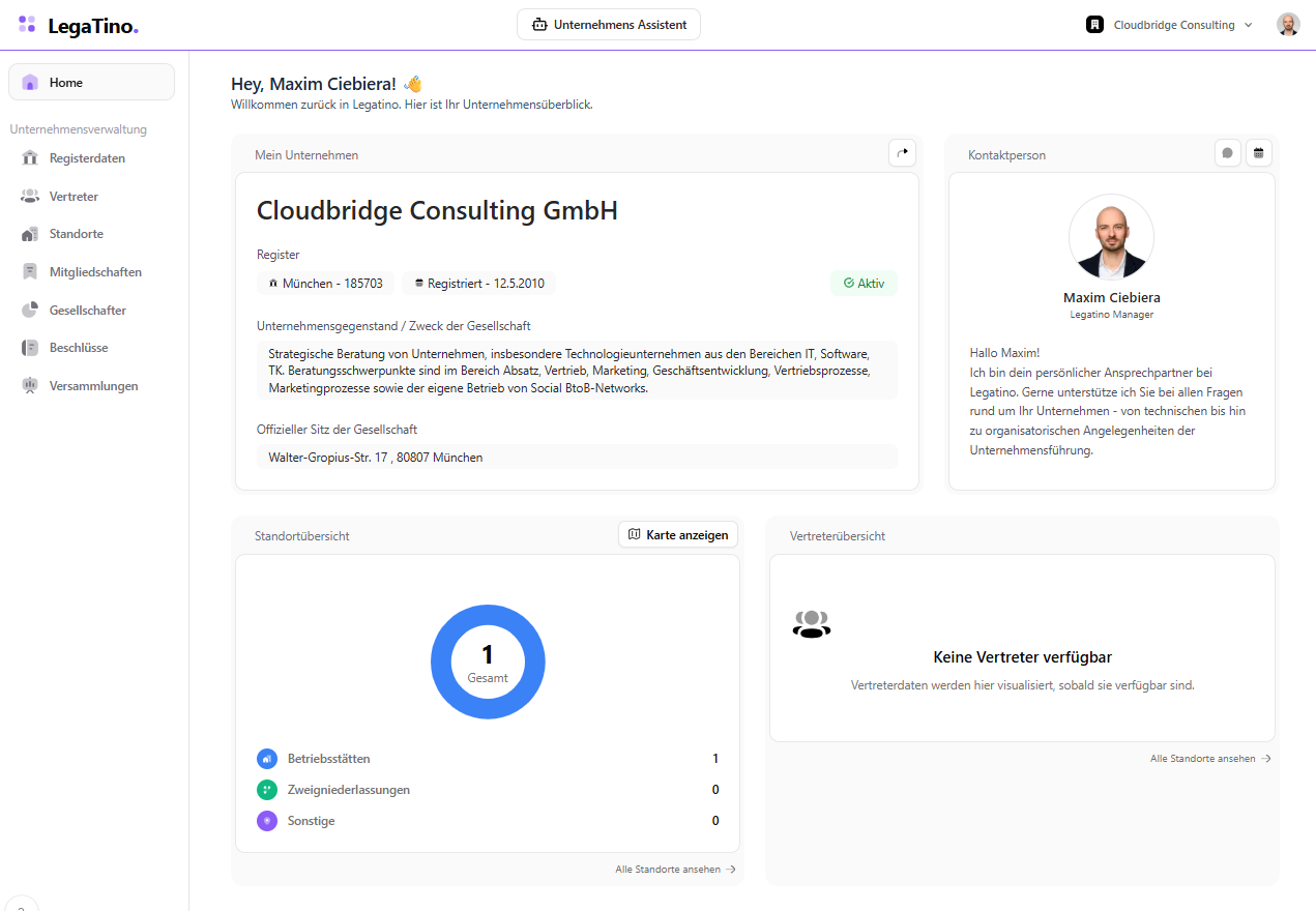 LegaTino Dashboard - Unternehmens-Assistent für GmbH Verwaltung
